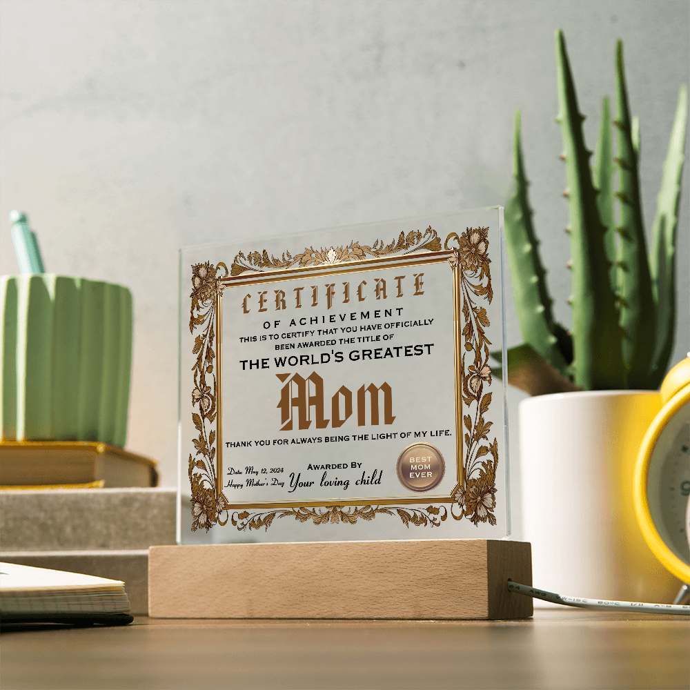 Certificate Of Achievement Mom Square Acrylic, Gifts For My Mom From Loving Child, Gift For Mom Christmas, Gifts For Mom For Mothers Day