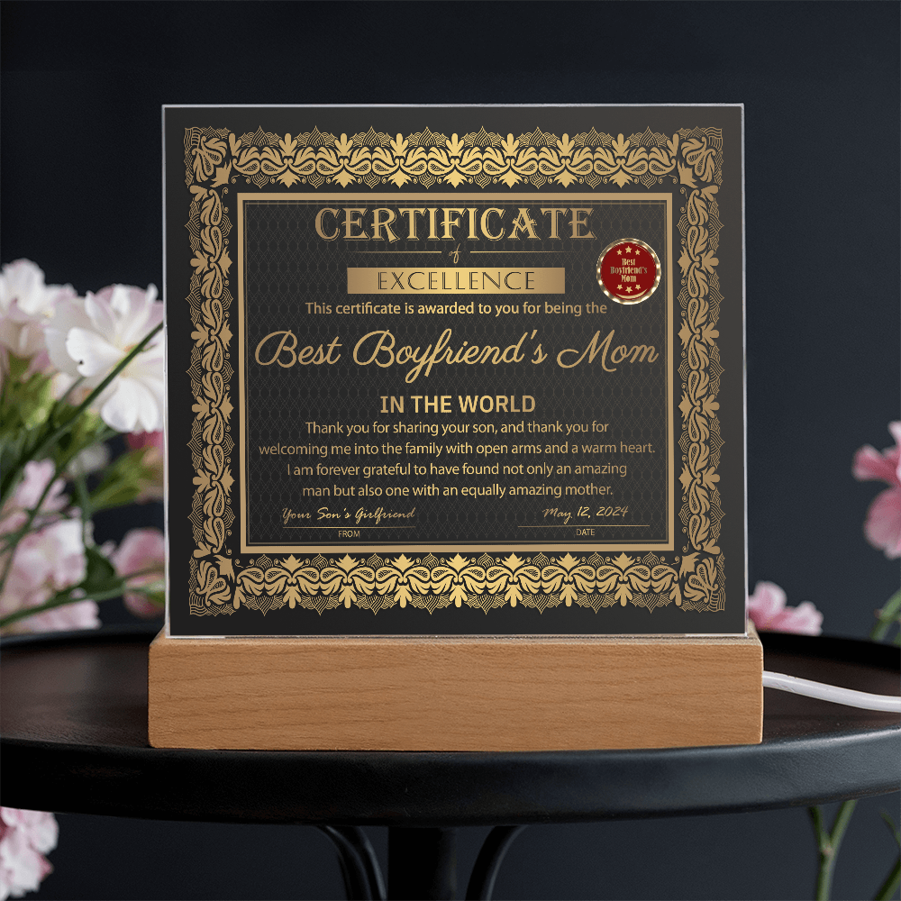 Certificate Of Excellence Best Boyfriend's Mom Square Acrylic, Gift For Boyfriend's Mom From Son's Girlfriend, Birthday Gift Boyfriends Mom