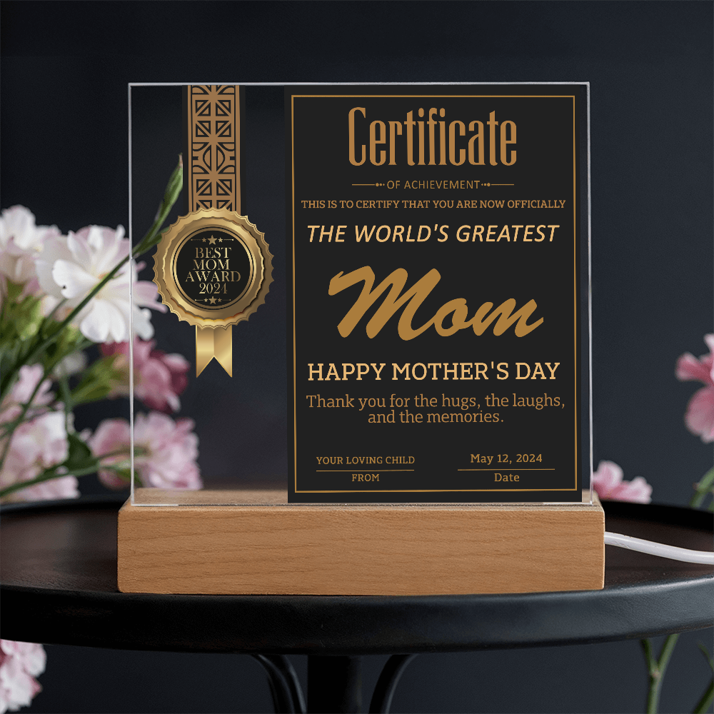 Certificate Of Achievement Mom Square Acrylic, Gift From Loving Child To Mom, Gifts For Moms From Kids, Mom Gifts Home Decor