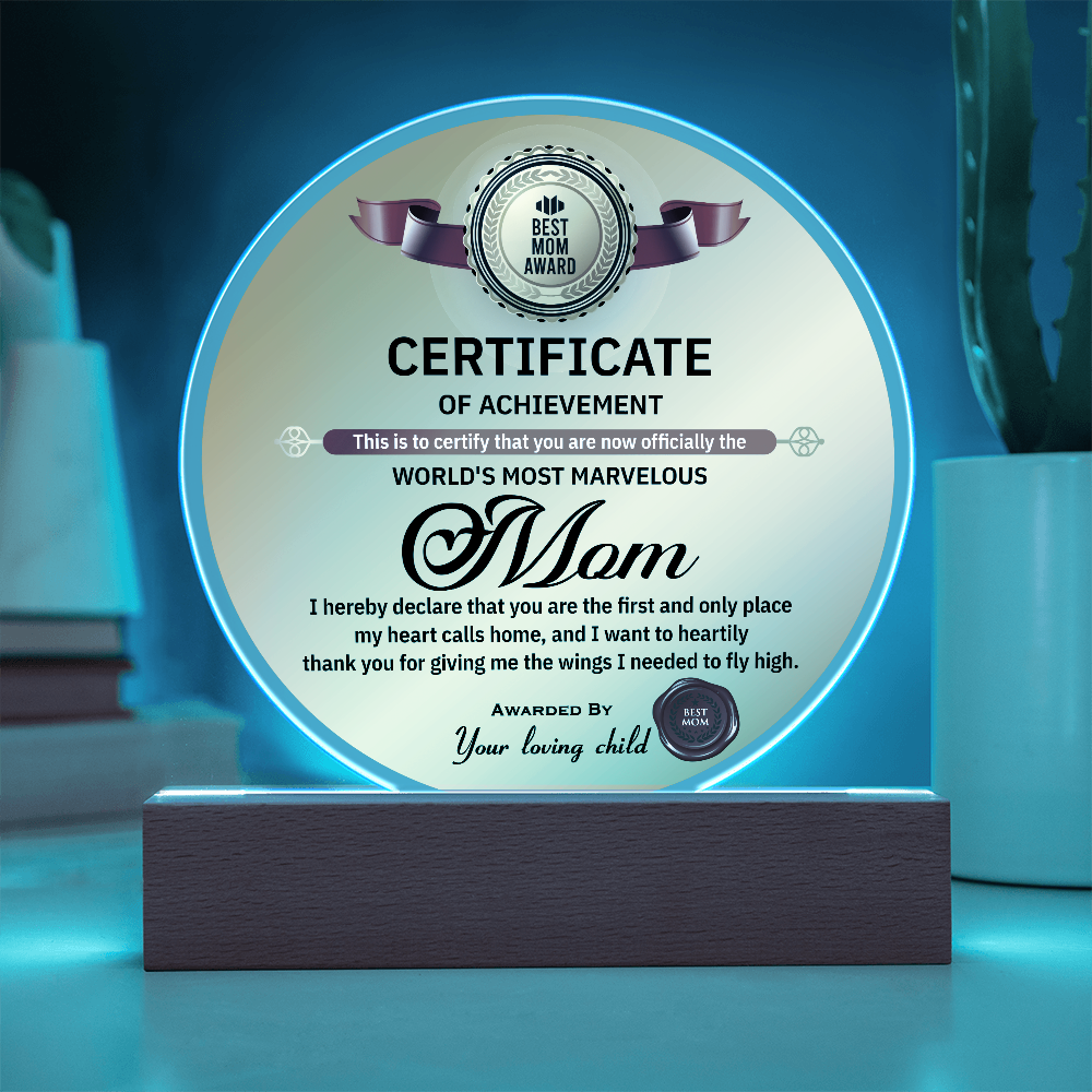 Certificate Of Achievement Mom Round Acrylic, Mothers Day Plaque For Mom, Mom Plaques From Daughter, Happy Mother's Day Gift
