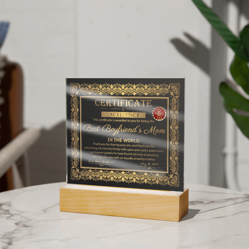 Certificate Of Excellence Best Boyfriend's Mom Square Acrylic, Gift For Boyfriend's Mom From Son's Girlfriend, Birthday Gift Boyfriends Mom