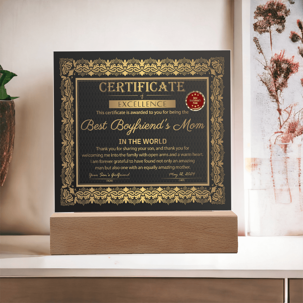 Certificate Of Excellence Best Boyfriend's Mom Square Acrylic, Gift For Boyfriend's Mom From Son's Girlfriend, Birthday Gift Boyfriends Mom