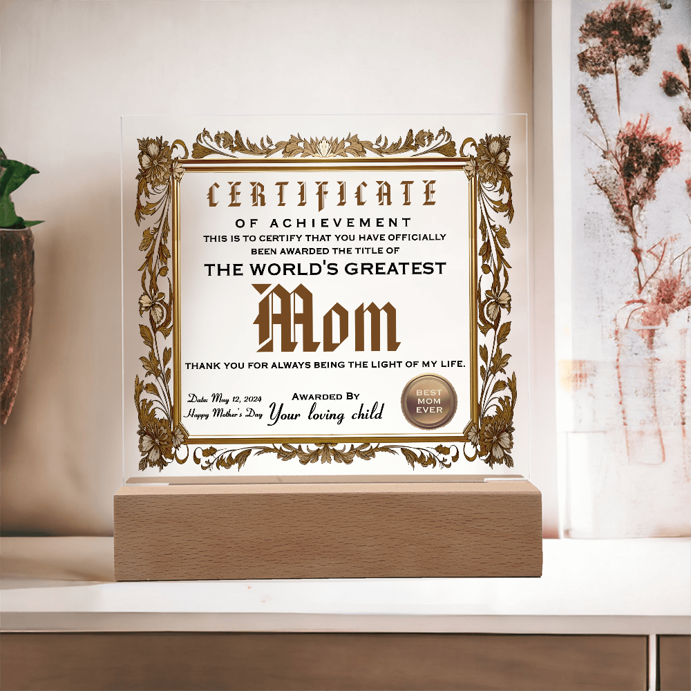 Certificate Of Achievement Mom Square Acrylic, Gifts For My Mom From Loving Child, Gift For Mom Christmas, Gifts For Mom For Mothers Day