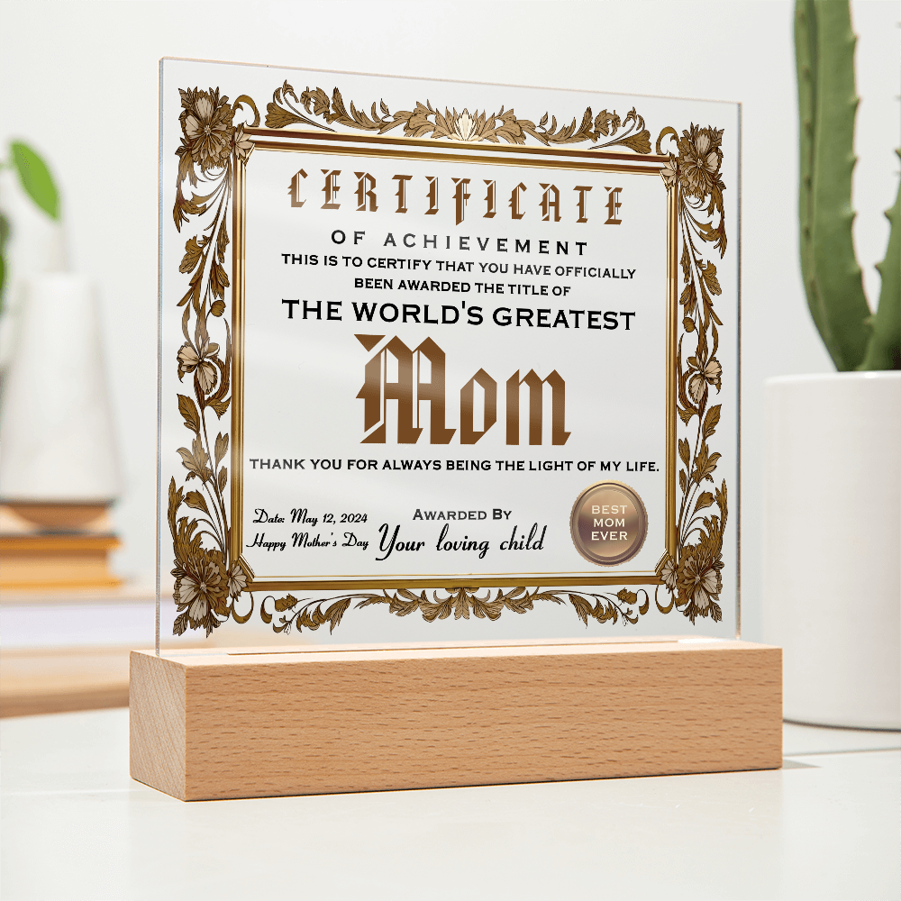 Certificate Of Achievement Mom Square Acrylic, Gifts For My Mom From Loving Child, Gift For Mom Christmas, Gifts For Mom For Mothers Day