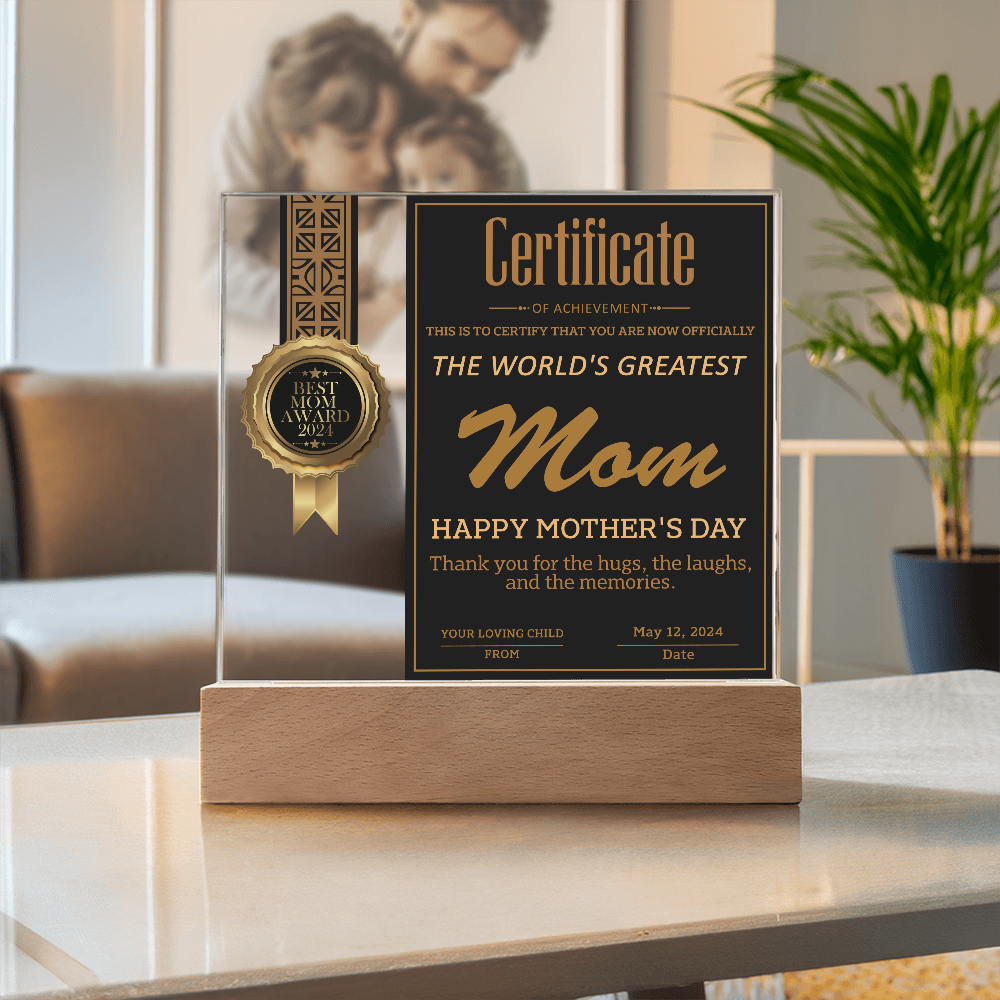 Certificate Of Achievement Mom Square Acrylic, Gift From Loving Child To Mom, Gifts For Moms From Kids, Mom Gifts Home Decor