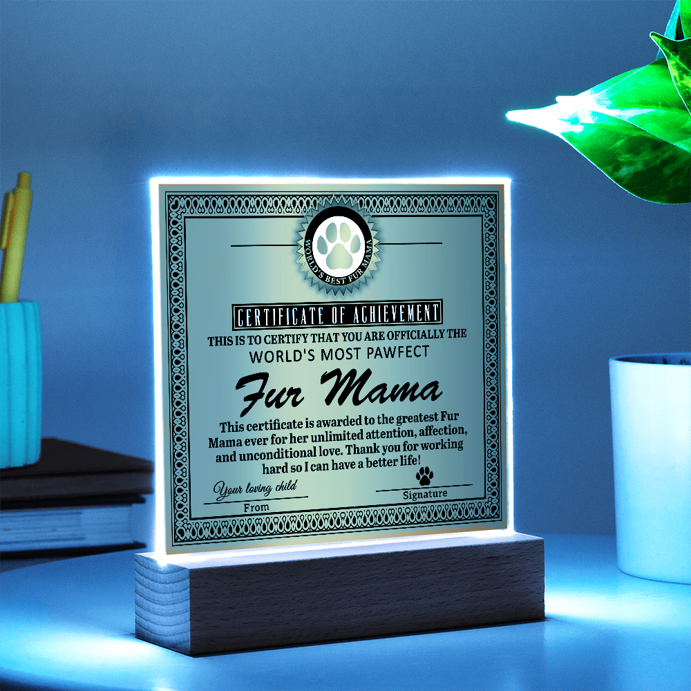 Certificate Of Achievement Fur Mama Square Acrylic, Acrylic Mom Gifts From Loving Child, Special Mothers Day Gifts For Mom