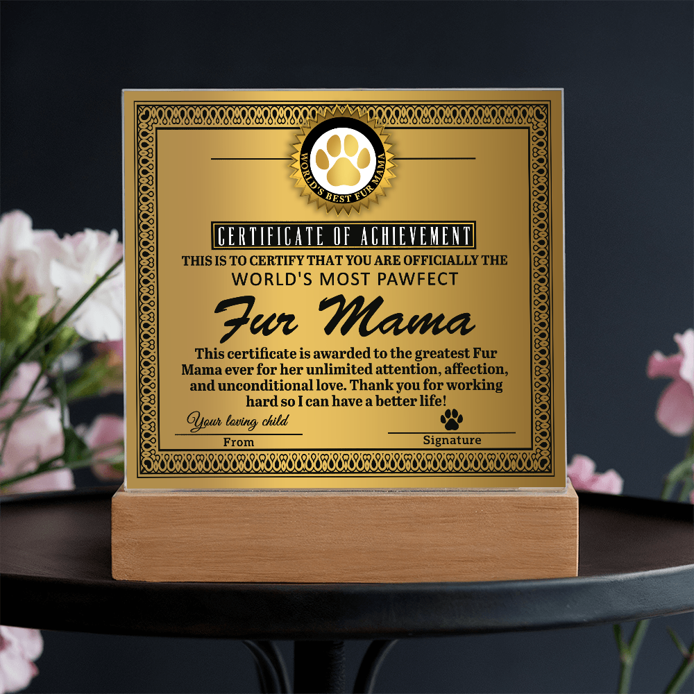 Certificate Of Achievement Fur Mama Square Acrylic, Acrylic Mom Gifts From Loving Child, Special Mothers Day Gifts For Mom