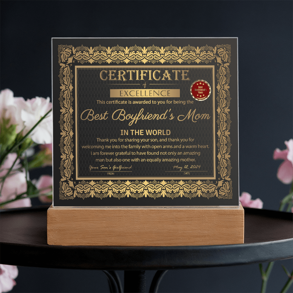 Certificate Of Excellence Best Boyfriend's Mom Square Acrylic, Gift For Boyfriend's Mom From Son's Girlfriend, Birthday Gift Boyfriends Mom