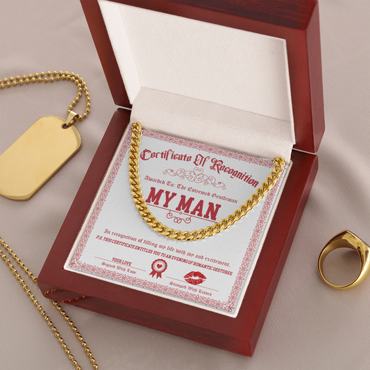 To My Man Cuban Chain Necklace, Valentine Day Presents For Man, Husband Valentine Day Gifts From Wife, Valentine Day Gifts For Husband And Wife