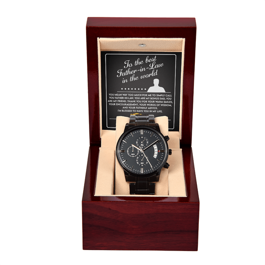 To The Best Father-In-Law Black Chronograph Watch, First Fathers Day Gifts For New Dad, Gift For Dad Birthday From Daughter, Easter Gift For Dad