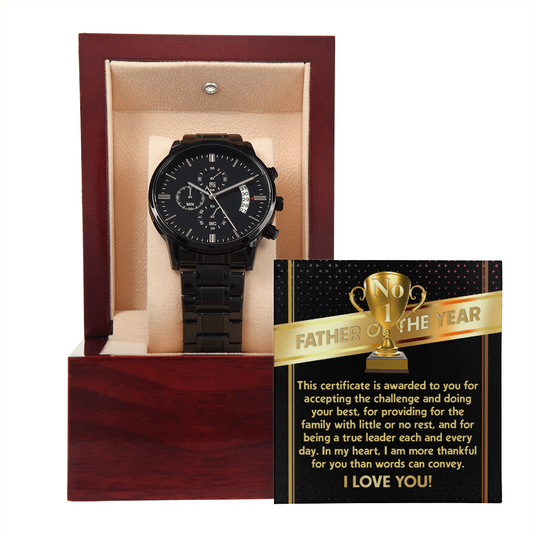 No 1 Father Of The Year Black Chronograph Watch, Gift For Dad On Wedding Day From Bride, Gift For Fathers Day For Dad, 14 February Gift Man