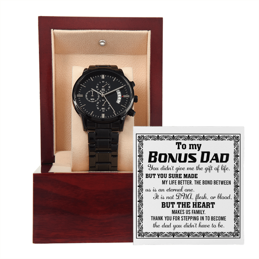 To My Bonus Dad Black Chronograph Watch, First Fathers Day Gifts For New Dad, Gift For Dad Birthday From Daughter, Easter Gift For Dad