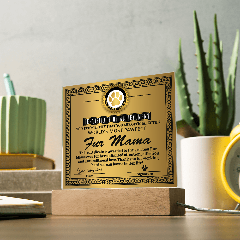 Certificate Of Achievement Fur Mama Square Acrylic, Acrylic Mom Gifts From Loving Child, Special Mothers Day Gifts For Mom