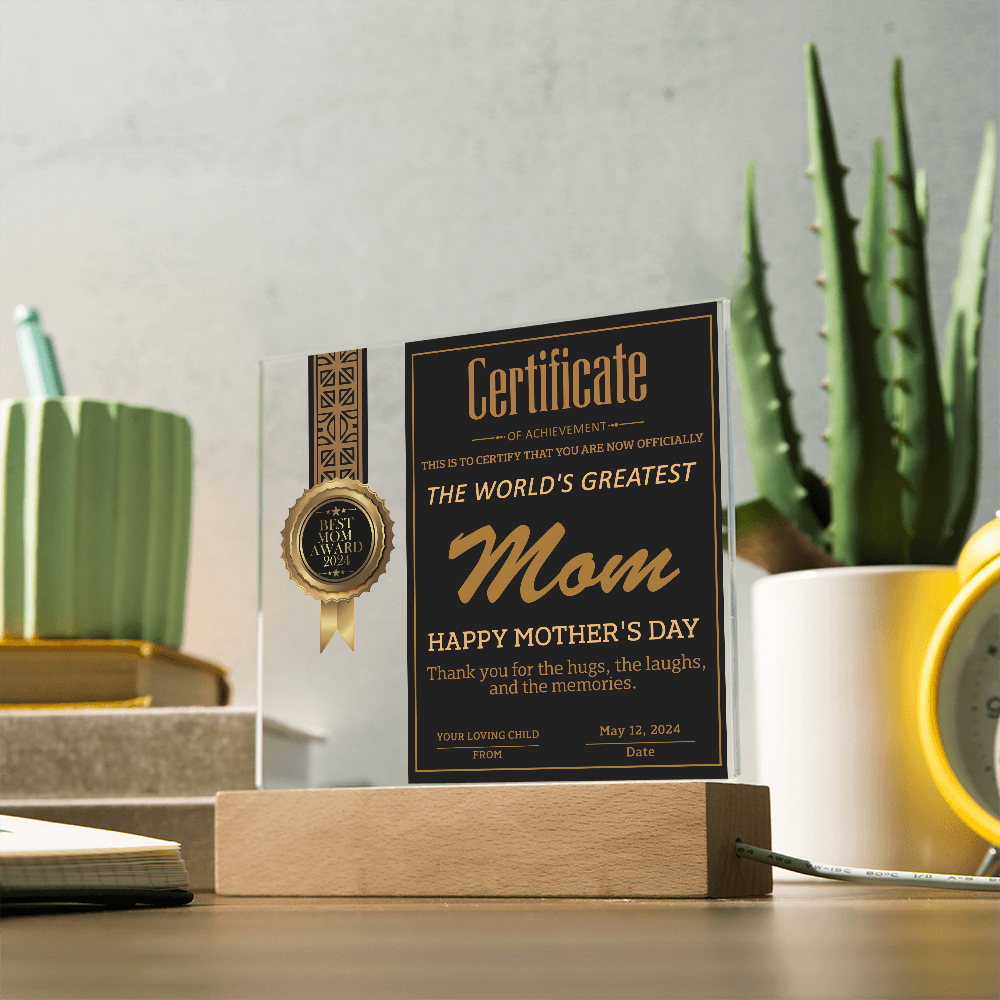 Certificate Of Achievement Mom Square Acrylic, Gift From Loving Child To Mom, Gifts For Moms From Kids, Mom Gifts Home Decor