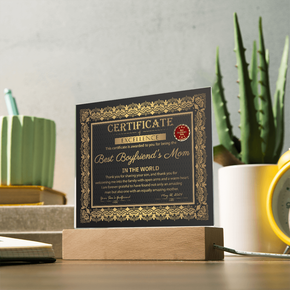 Certificate Of Excellence Best Boyfriend's Mom Square Acrylic, Gift For Boyfriend's Mom From Son's Girlfriend, Birthday Gift Boyfriends Mom