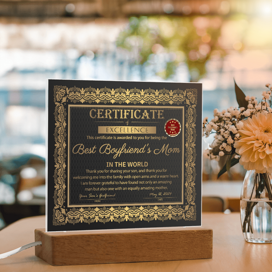 Certificate Of Excellence Best Boyfriend's Mom Square Acrylic, Gift For Boyfriend's Mom From Son's Girlfriend, Birthday Gift Boyfriends Mom
