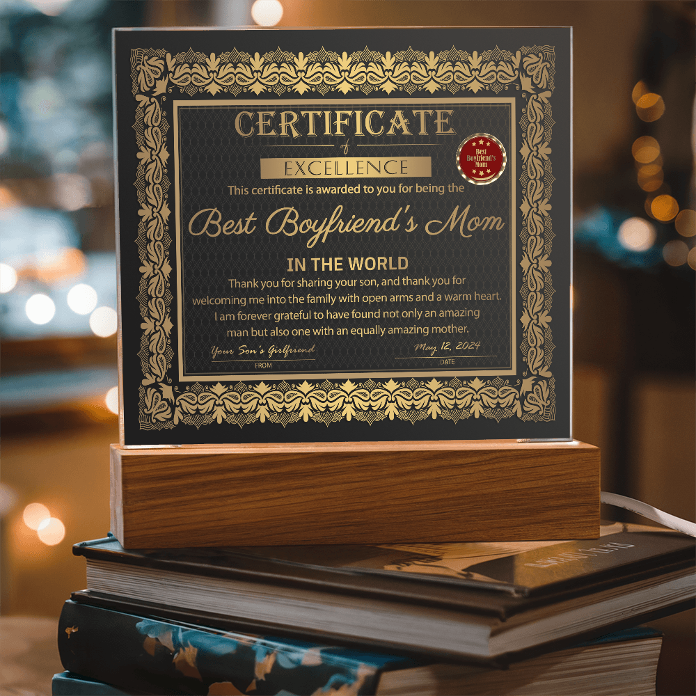 Certificate Of Excellence Best Boyfriend's Mom Square Acrylic, Gift For Boyfriend's Mom From Son's Girlfriend, Birthday Gift Boyfriends Mom