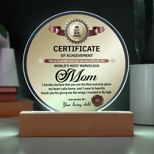 Certificate Of Achievement Mom Round Acrylic, Mothers Day Plaque For Mom, Mom Plaques From Daughter, Happy Mother's Day Gift